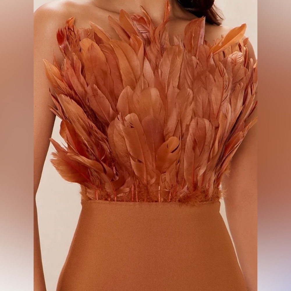 Fashion Nova Feathered Maxi Dress in Copper